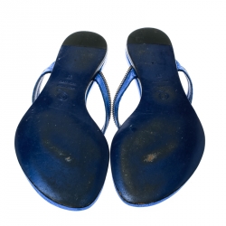 Pre Owned Alexander McQueen Blue Leather Zip Embellished Thong Sandals Size 37