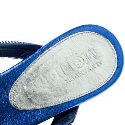 Pre Owned Alexander McQueen Blue Leather Zip Embellished Thong Sandals Size 37