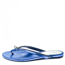 Pre Owned Alexander McQueen Blue Leather Zip Embellished Thong Sandals Size 37