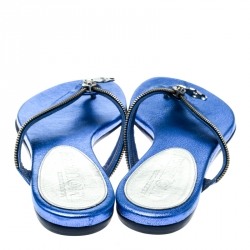 Pre Owned Alexander McQueen Blue Leather Zip Embellished Thong Sandals Size 37