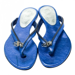 Pre Owned Alexander McQueen Blue Leather Zip Embellished Thong Sandals Size 37