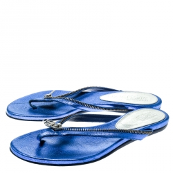 Pre Owned Alexander McQueen Blue Leather Zip Embellished Thong Sandals Size 37