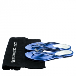 Pre Owned Alexander McQueen Blue Leather Zip Embellished Thong Sandals Size 37