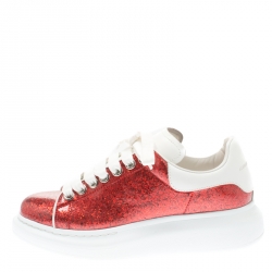 Pre Owned Alexander McQueen Red Glitter Platform Lace Up Sneakers Size 37