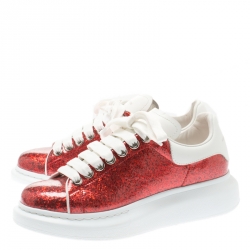 Pre Owned Alexander McQueen Red Glitter Platform Lace Up Sneakers Size 37