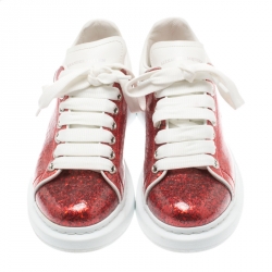 Pre Owned Alexander McQueen Red Glitter Platform Lace Up Sneakers Size 37