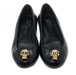 Pre Owned Alexander McQueen Black Leather Skull City Ballet Flats Size 36