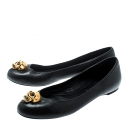 Pre Owned Alexander McQueen Black Leather Skull City Ballet Flats Size 36
