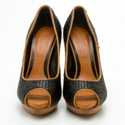 Pre Owned Alexander McQueen Black Raffia Peep Toe Pumps Size 38