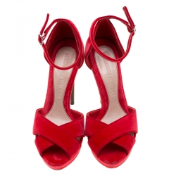Pre Owned Alexander McQueen Red Velvet Ankle Strap Platfrom Sandals Size 40
