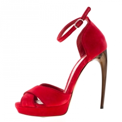 Pre Owned Alexander McQueen Red Velvet Ankle Strap Platfrom Sandals Size 40