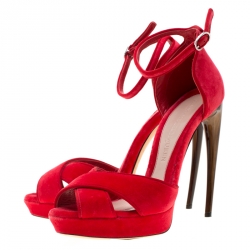 Pre Owned Alexander McQueen Red Velvet Ankle Strap Platfrom Sandals Size 40
