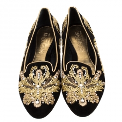 Pre Owned Alexander McQueen Black Suede Embroidered Smoking Slippers Size 39.5
