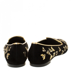 Pre Owned Alexander McQueen Black Bee Embroidered Sequined Suede Slippers Size 37