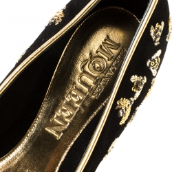 Pre Owned Alexander McQueen Black Bee Embroidered Sequined Suede Slippers Size 37