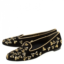 Pre Owned Alexander McQueen Black Bee Embroidered Sequined Suede Slippers Size 37