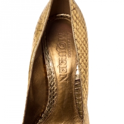 Pre Owned Alexander McQueen Gold Metallic Python Embossed Leather Heart Peep Toe Pumps Size 38.5