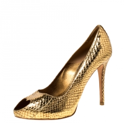 Pre Owned Alexander McQueen Gold Metallic Python Embossed Leather Heart Peep Toe Pumps Size 38.5