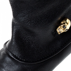 Pre Owned Alexander McQueen Black Leather Skull Charm Knee Length Boots Size 40