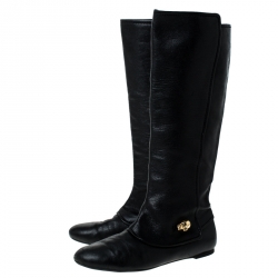Pre Owned Alexander McQueen Black Leather Skull Charm Knee Length Boots Size 40