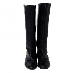Pre Owned Alexander McQueen Black Leather Skull Charm Knee Length Boots Size 40