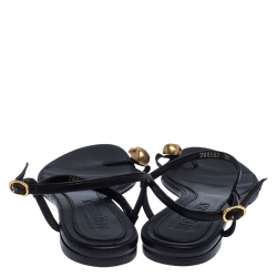 Pre Owned Alexander McQueen Black Leather Skull Toe Ring Sandals Size 37