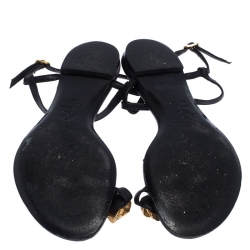 Pre Owned Alexander McQueen Black Leather Skull Toe Ring Sandals Size 37