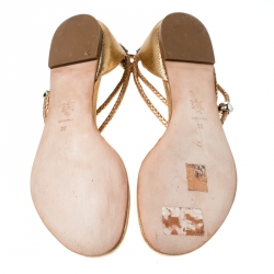 Pre Owned Alexander McQueen Metallic Gold Leather Skull Thong Flat Sandals Size 38
