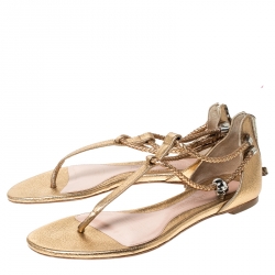Pre Owned Alexander McQueen Metallic Gold Leather Skull Thong Flat Sandals Size 38