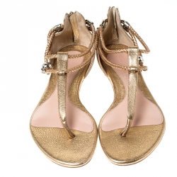 Pre Owned Alexander McQueen Metallic Gold Leather Skull Thong Flat Sandals Size 38