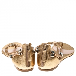 Pre Owned Alexander McQueen Metallic Gold Leather Skull Thong Flat Sandals Size 38