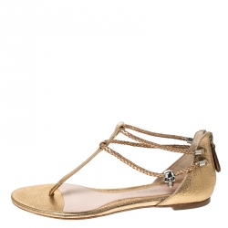 Pre Owned Alexander McQueen Metallic Gold Leather Skull Thong Flat Sandals Size 38
