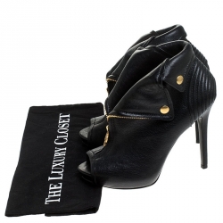 Pre Owned Alexander McQueen Black Leather Faithful Skull Peep Toe Booties Size 37