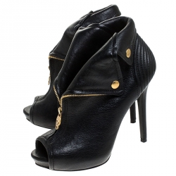 Pre Owned Alexander McQueen Black Leather Faithful Skull Peep Toe Booties Size 37