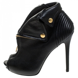 Pre Owned Alexander McQueen Black Leather Faithful Skull Peep Toe Booties Size 37