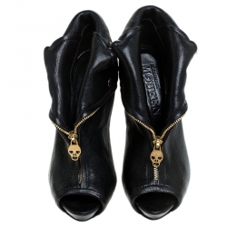 Pre Owned Alexander McQueen Black Leather Faithful Skull Peep Toe Booties Size 37
