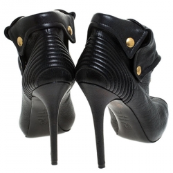 Pre Owned Alexander McQueen Black Leather Faithful Skull Peep Toe Booties Size 37