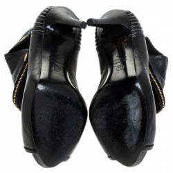 Pre Owned Alexander McQueen Black Leather Faithful Skull Peep Toe Booties Size 37