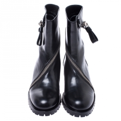 Pre Owned Alexander McQueen Black Leather Curve Skull Zip Ankle Boots Size 40