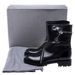 Pre Owned Alexander McQueen Black Leather Curve Skull Zip Ankle Boots Size 40