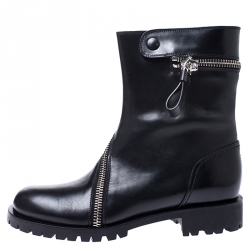 Pre Owned Alexander McQueen Black Leather Curve Skull Zip Ankle Boots Size 40