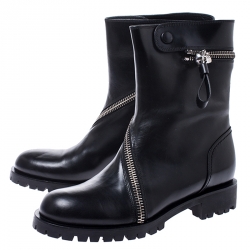 Pre Owned Alexander McQueen Black Leather Curve Skull Zip Ankle Boots Size 40