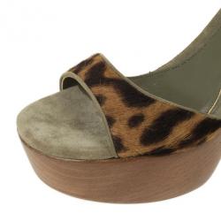 Pre Owned Alexander McQueen Leopard Pony Hair Wooden Sandals Size 39.5