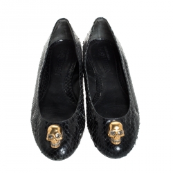 Pre Owned Alexander McQueen Black Python Leather Skull City Ballet Flats Size 39.5