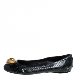 Pre Owned Alexander McQueen Black Python Leather Skull City Ballet Flats Size 39.5