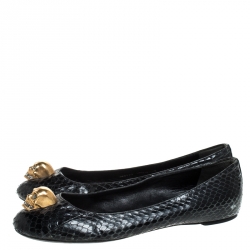Pre Owned Alexander McQueen Black Python Leather Skull City Ballet Flats Size 39.5