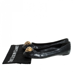 Pre Owned Alexander McQueen Black Python Leather Skull City Ballet Flats Size 39.5