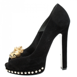 Pre Owned Alexander McQueen Black Suede Skull Peep Toe Platform Pumps Size 35