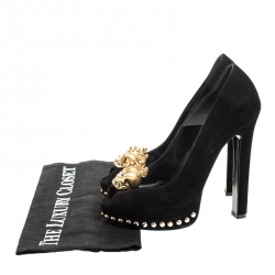 Pre Owned Alexander McQueen Black Suede Skull Peep Toe Platform Pumps Size 35