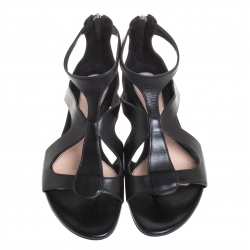 Pre Owned Alexander McQueen Black Leather Cutout Flat Sandals Size 38